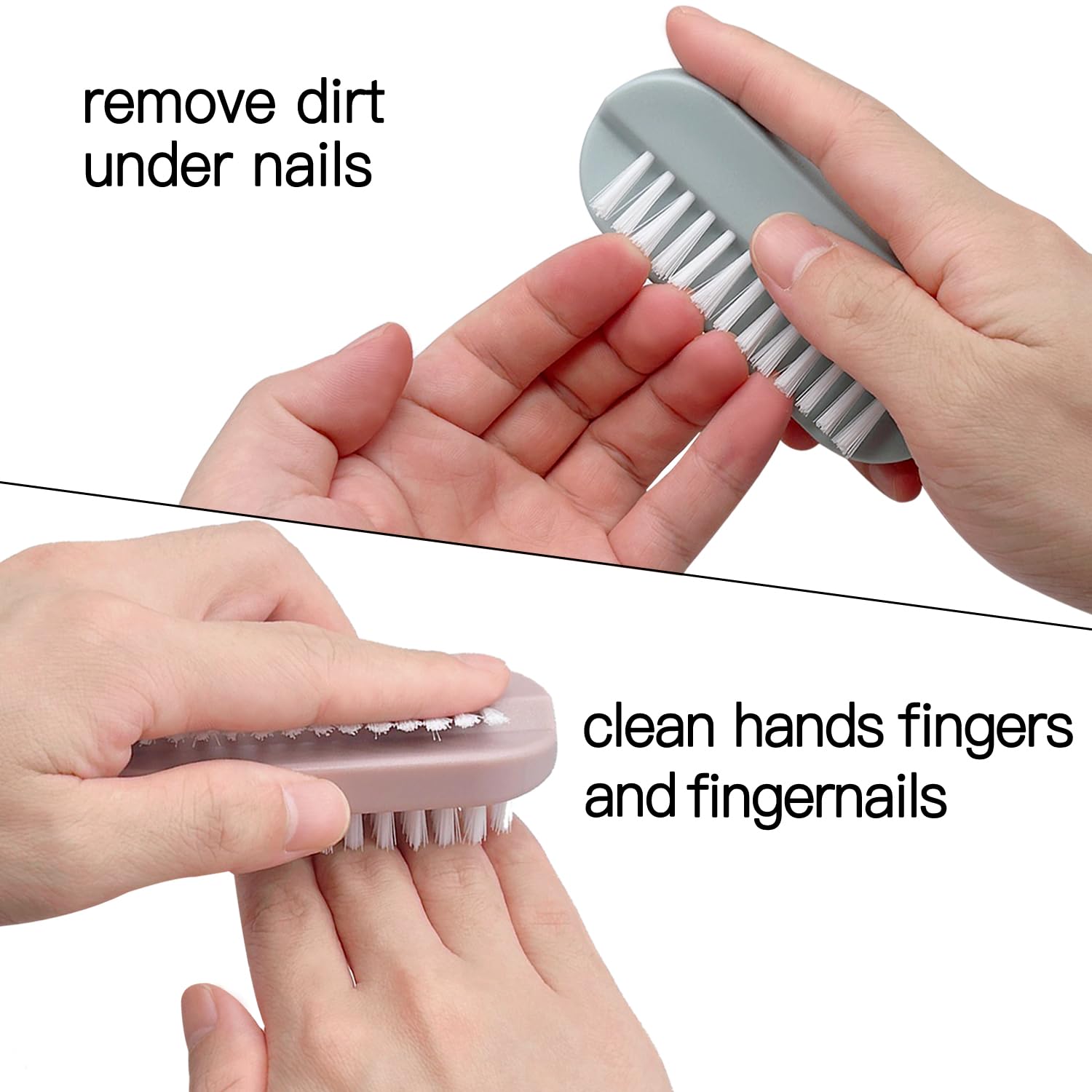 Four pieces of unbranded plastic handle fingernail scrub brushes arranged neatly together