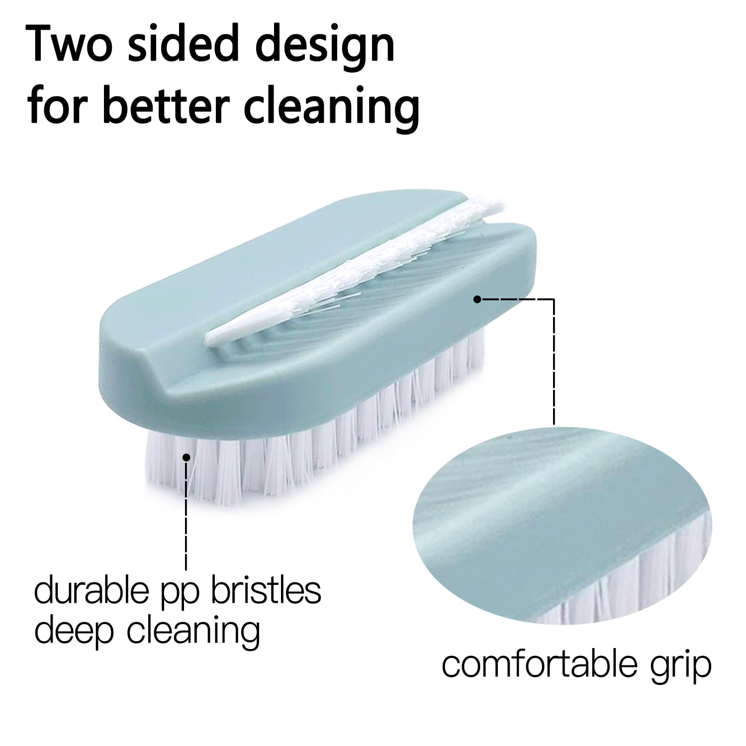 Side profile of the ergonomic non slip groove design on the blue nail scrubber handle