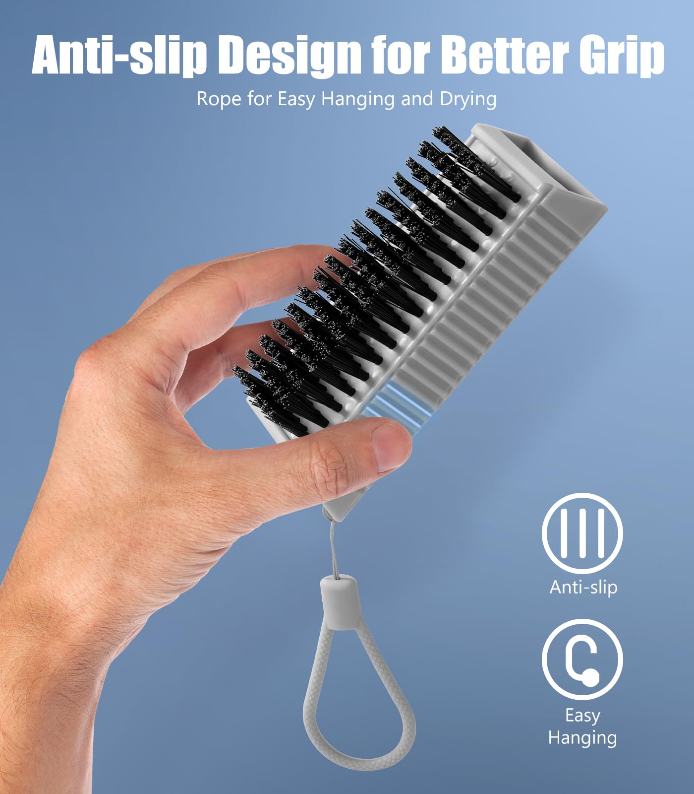 Larbois mechanical nail scrub brush set highlighting the integrated grey hanging rope for bathroom storage