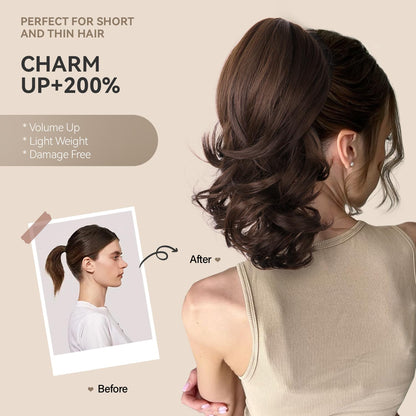 Back view of the step cutting clutcher ponytail hair extension on a model.