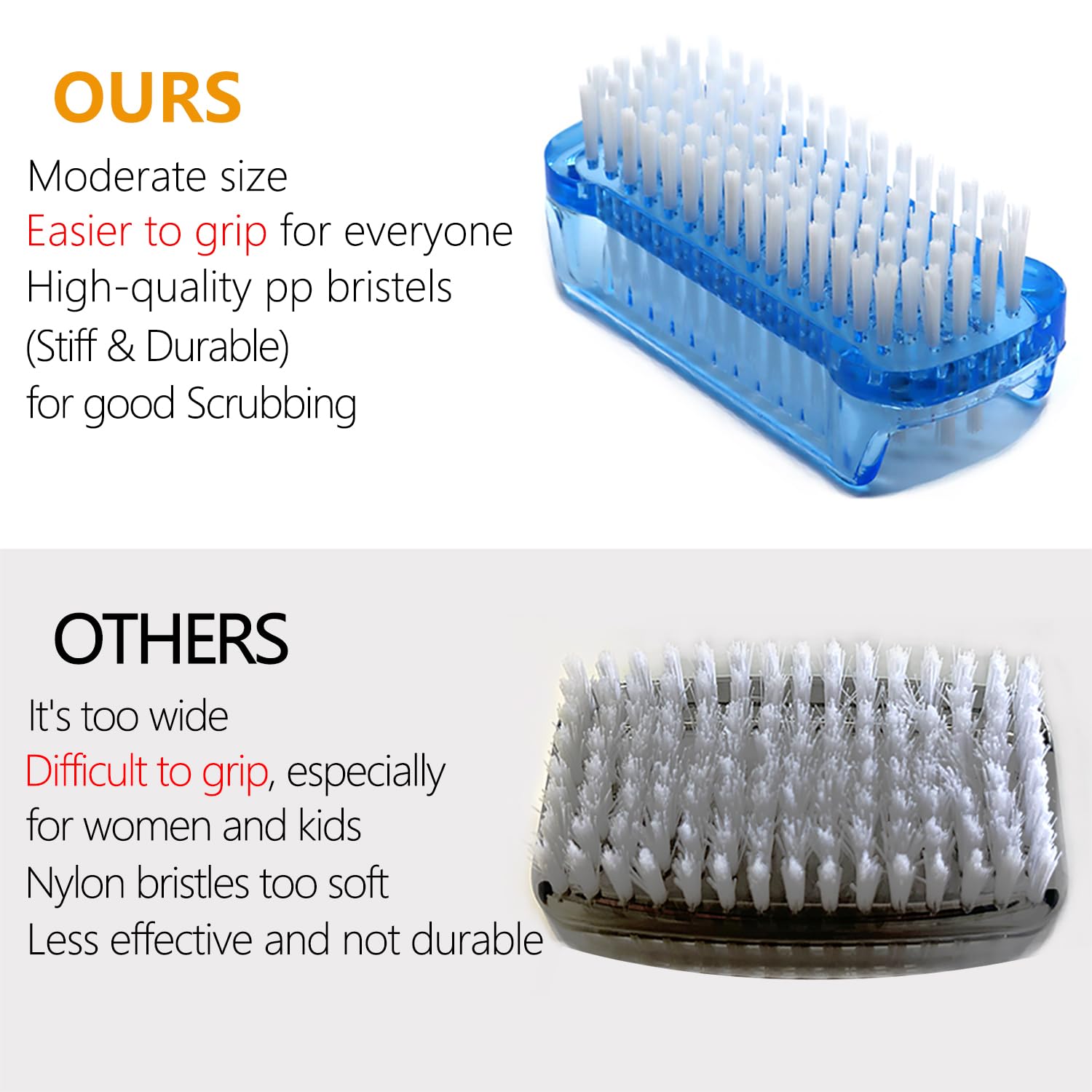 Close up of the angled double sided bristles on the fingernail cleaning brush.