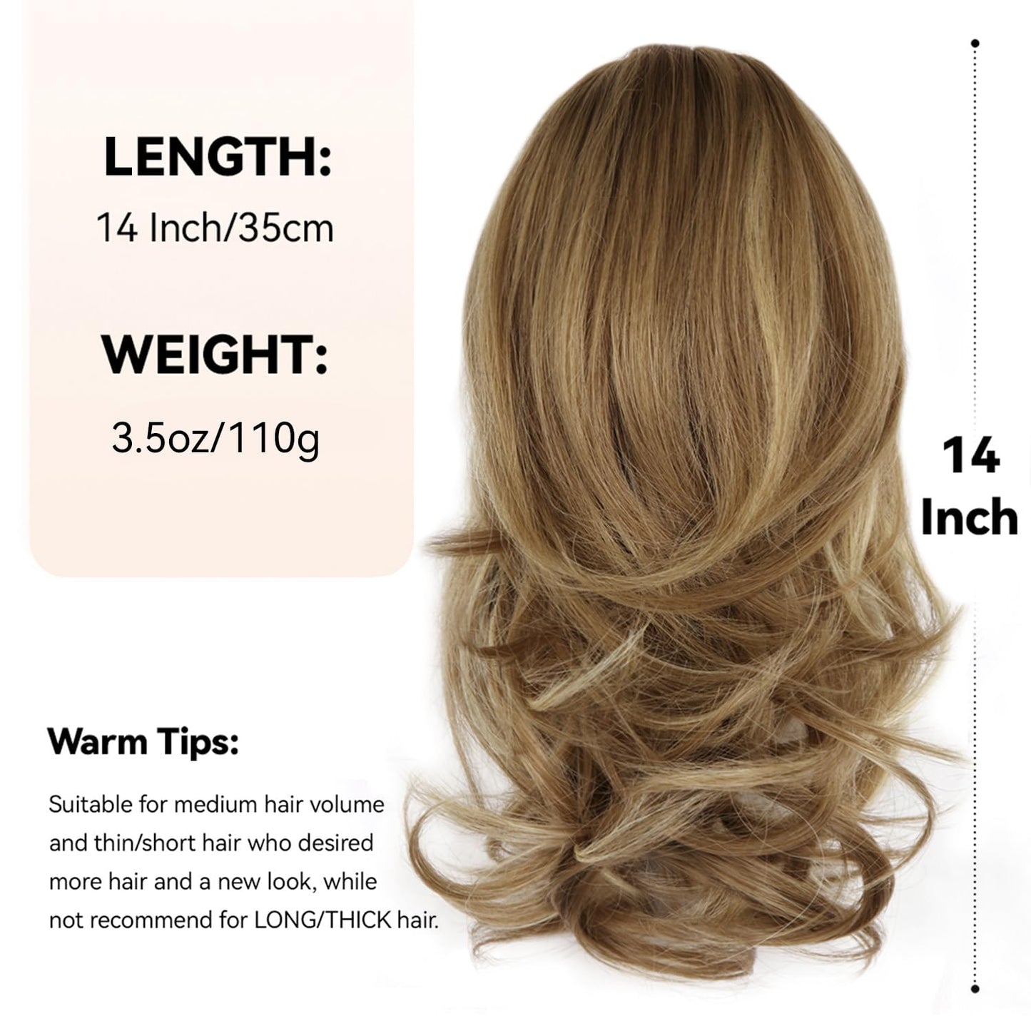 Before and after application demonstration of the clip on synthetic ponytail.