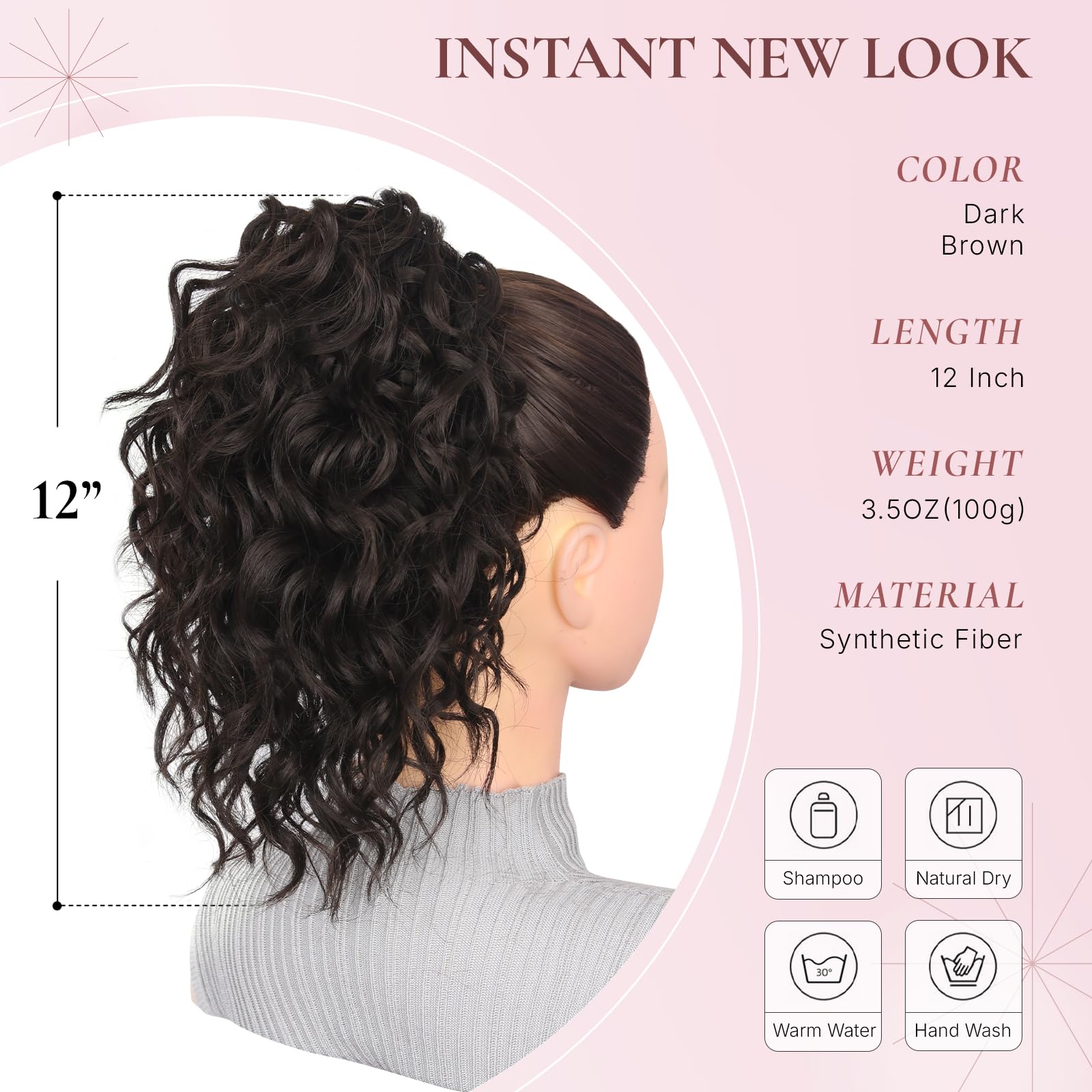 Side angle of the twelve inch short bohemian style curly hairpiece for women.