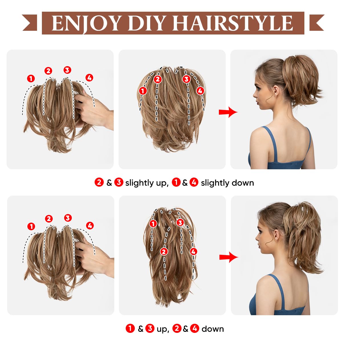 CJL HAIR short ponytail hair extensions dirty blonde styled as a voluminous updo