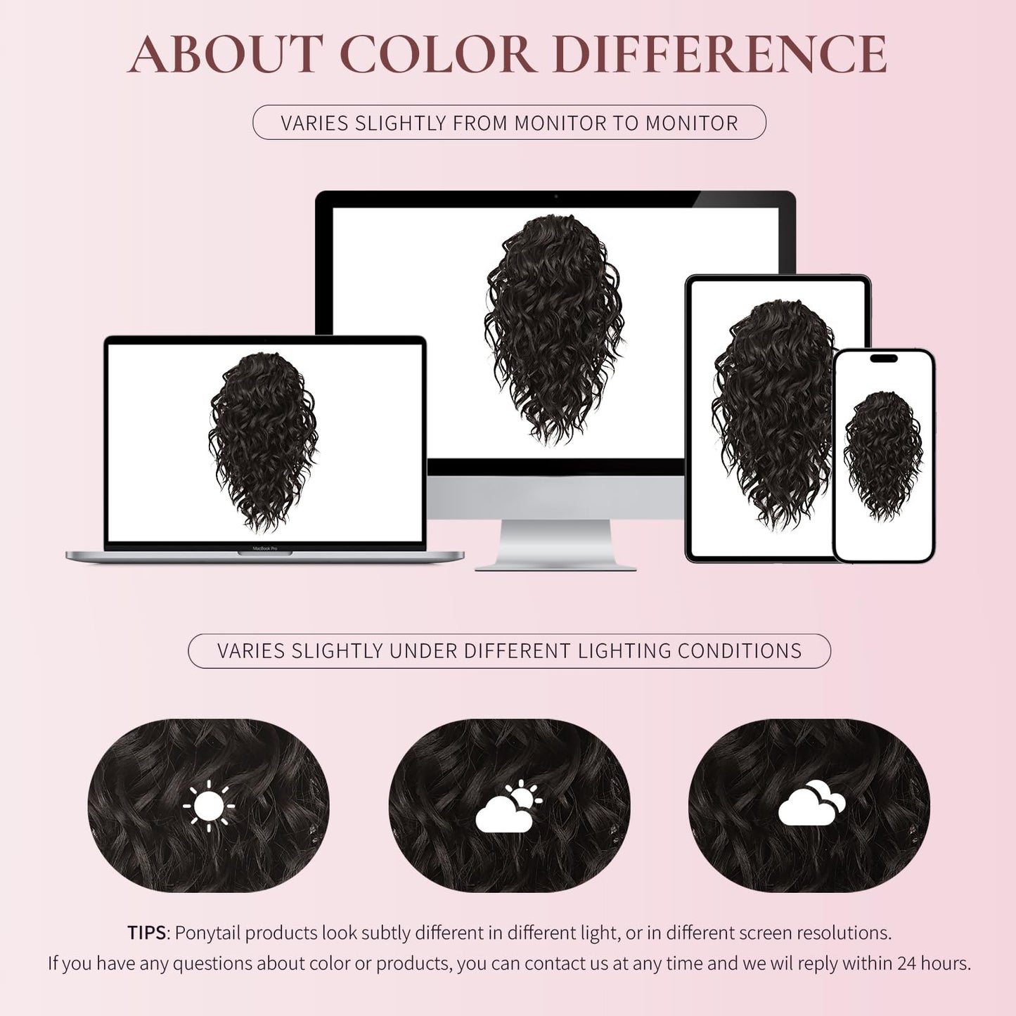 Synthetic curly ponytail extension displayed flat to highlight the bohemian wave pattern.
