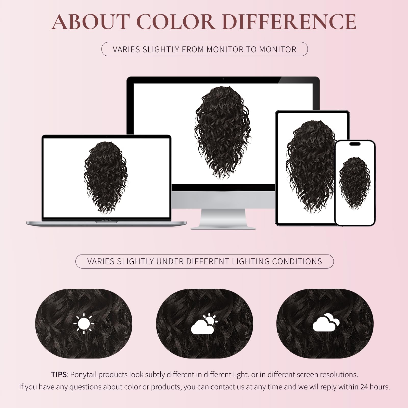 Synthetic curly ponytail extension displayed flat to highlight the bohemian wave pattern.