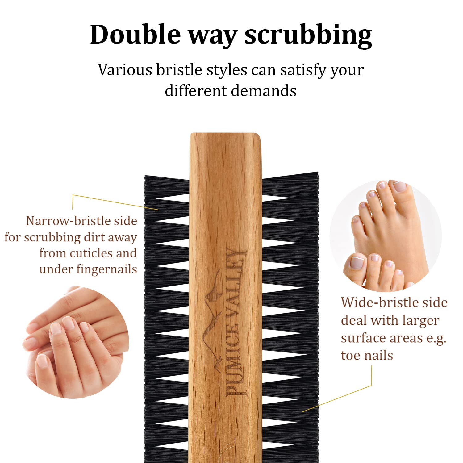 Close up of charcoal nylon bristles on wooden nail brush