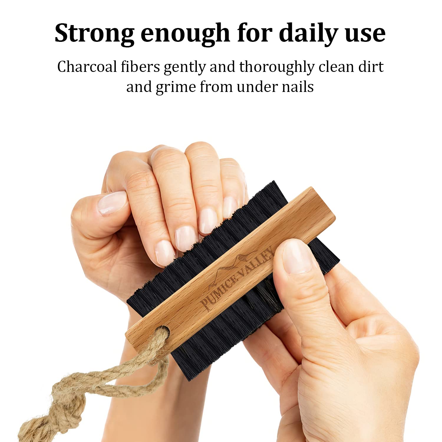 Pumice Valley nail brush showing hanging rope storage feature