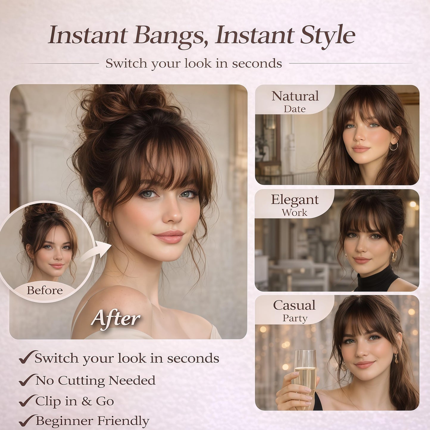 Real human hair curtain fringe extension showing realistic matte texture