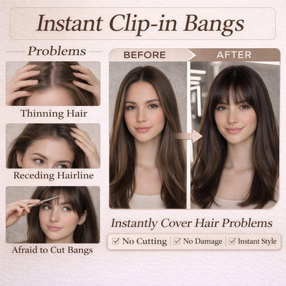 Heat friendly human hair bangs being styled with a flat iron