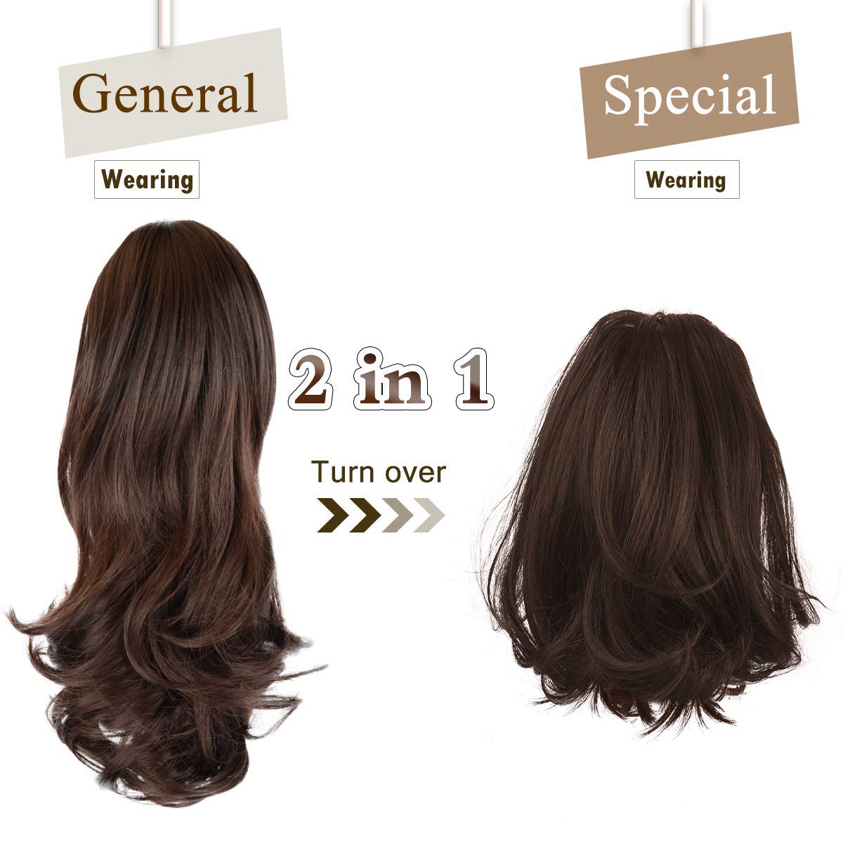 Close up view of Sofeiyan heat resistant curly hairpiece fibers blending dark brown and golden auburn highlights