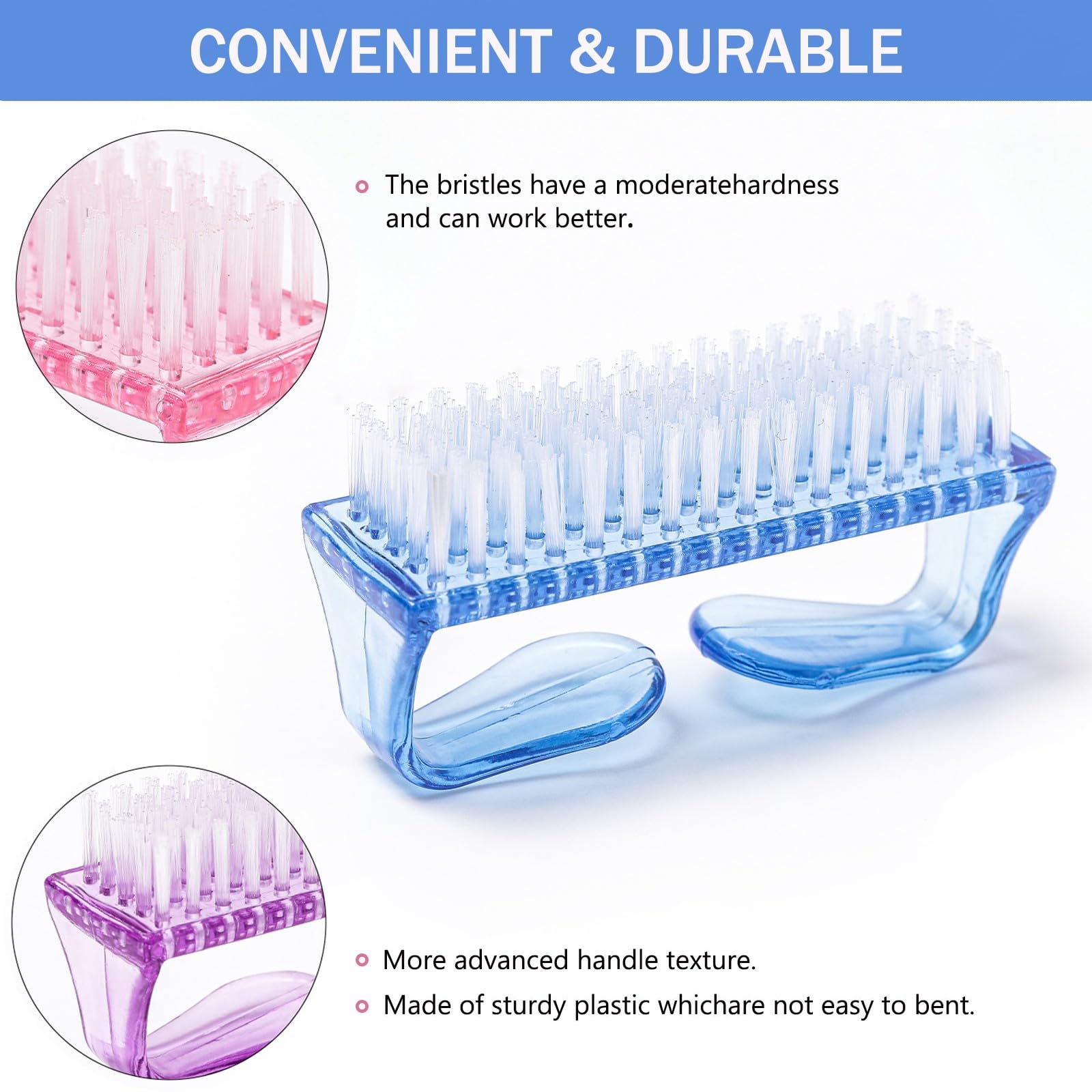 Five pack of multicolor hand fingernail scrub cleaning brushes arranged on a white background.