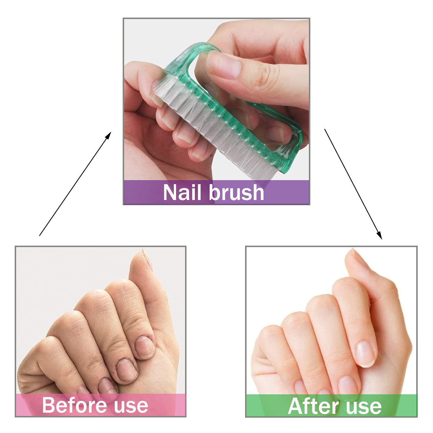 Modengkongjian long handle nail brush alongside four handle grip brushes in assorted colors.
