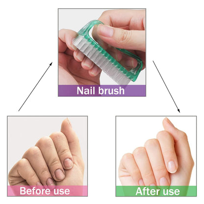 Modengkongjian long handle nail brush alongside four handle grip brushes in assorted colors.