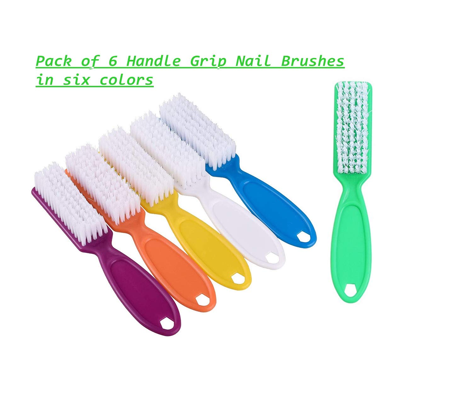 Six multicolour fingernail scrub brushes arranged neatly to display the integrated hanging holes.