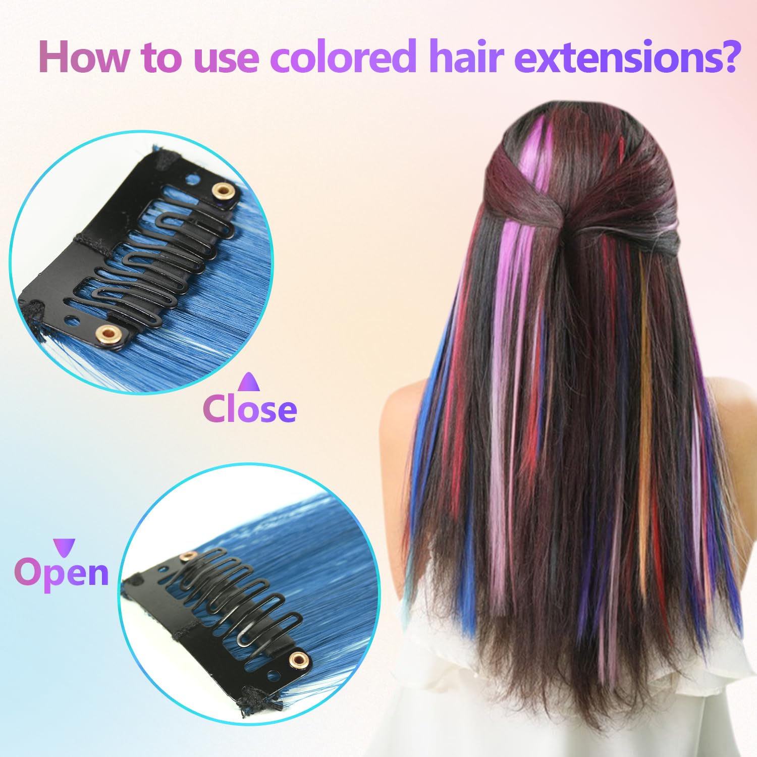 TOFAFA heat resistant synthetic hair extensions displaying variety of bright party colors