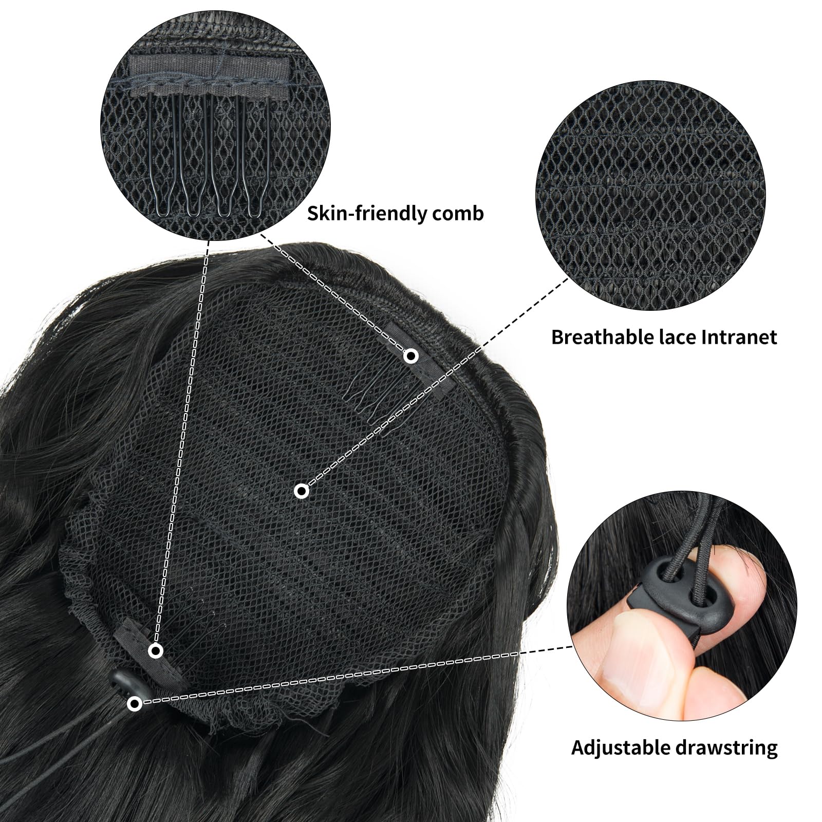 Natural black drawstring hairpiece for women displaying the dual comb attachment design