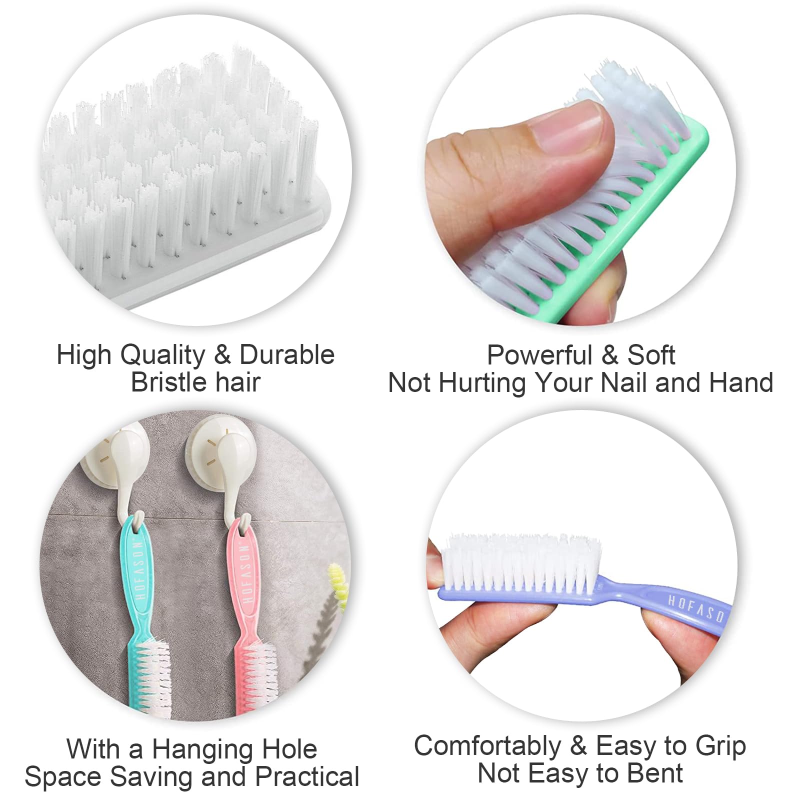 Hofason nail brush hanging from a bathroom hook for storage