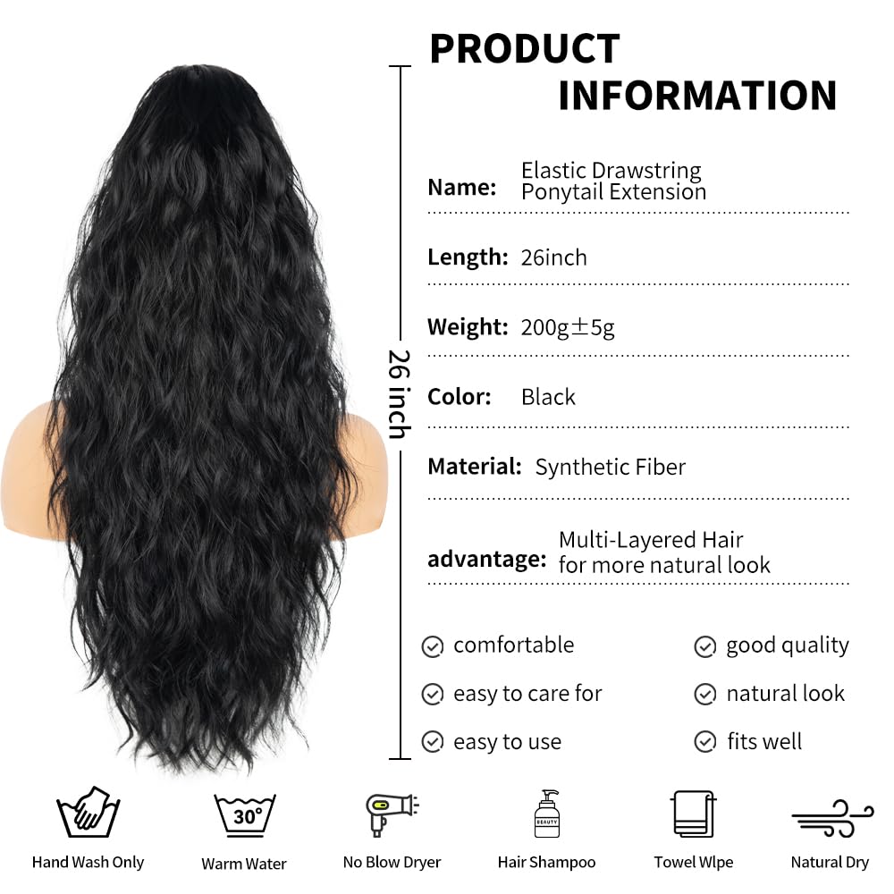 Secure drawstring closure mechanism on a premium 26 inch black hair extension