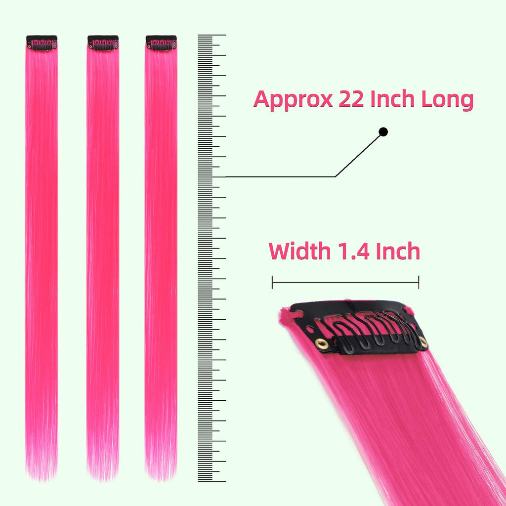 Vibrant pink temporary hair extensions arranged neatly to showcase the lightweight seven gram individual piece design.