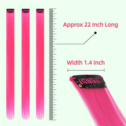 Vibrant pink temporary hair extensions arranged neatly to showcase the lightweight seven gram individual piece design.