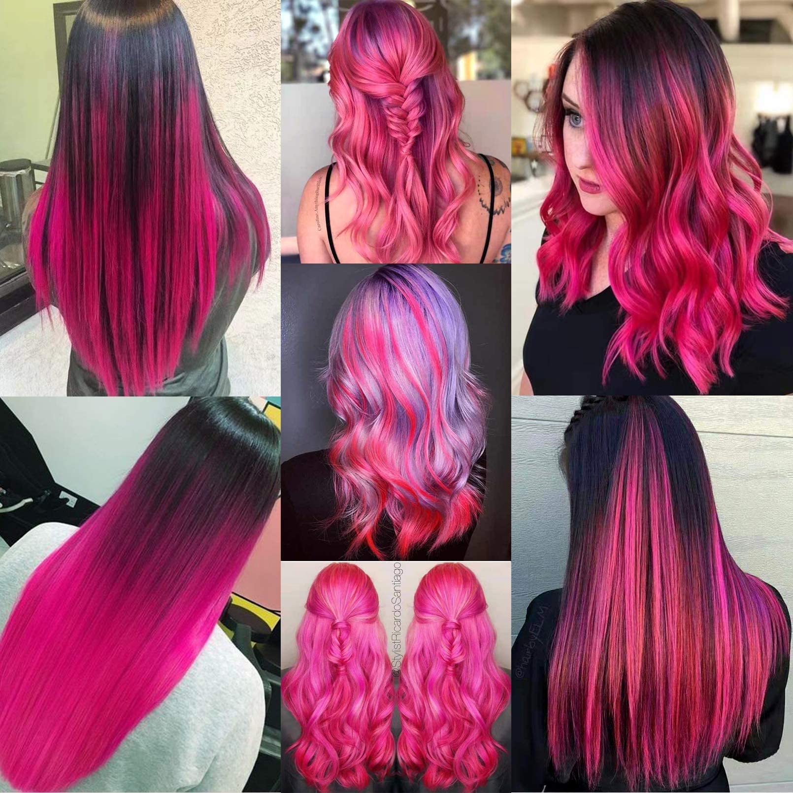 Side angle of long straight colored hair streak extensions showcasing the natural blend and heat resistant texture.