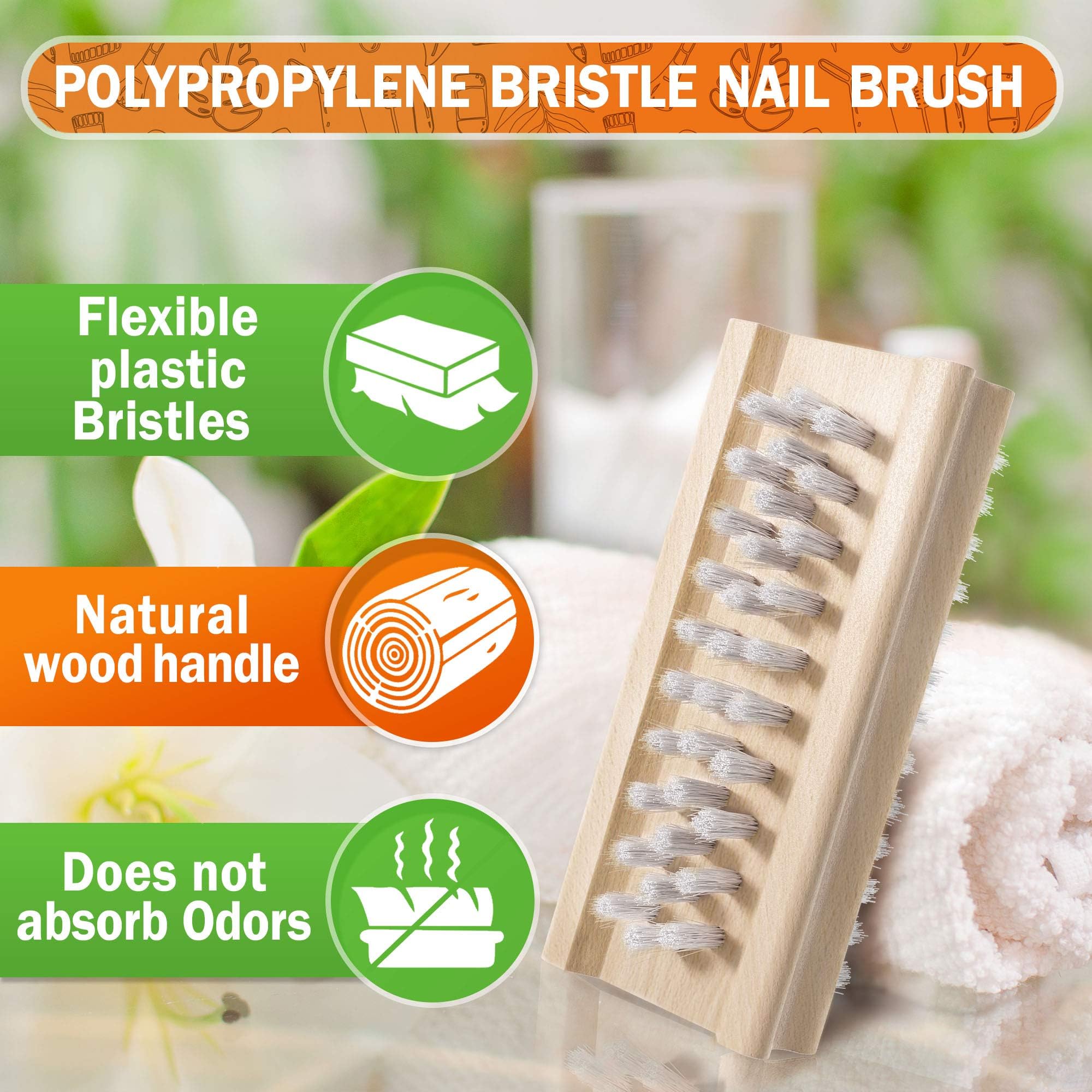 Konex double sided fingernail brush showing the narrow side with stiff white bristles