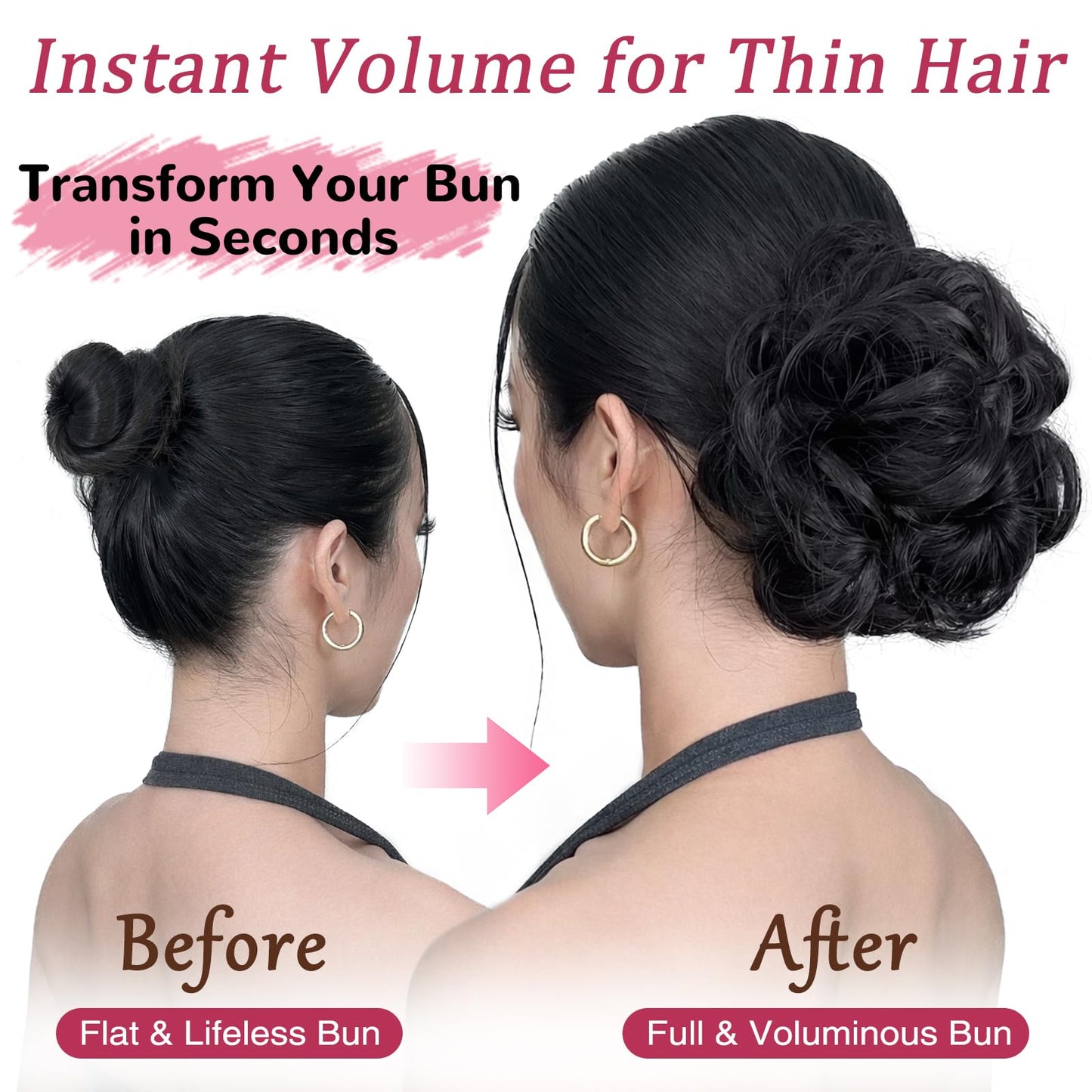 MORICA dark brown hair scrunchie extension being applied over a natural ponytail updo.