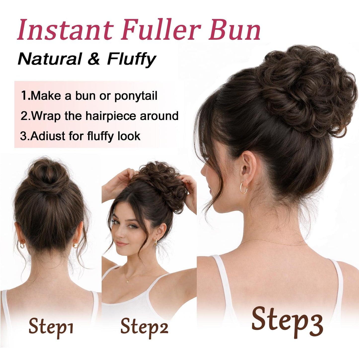 MORICA curly wavy messy bun extension demonstrating the stretchable elastic band feature.