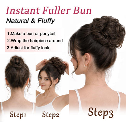 MORICA curly wavy messy bun extension demonstrating the stretchable elastic band feature.