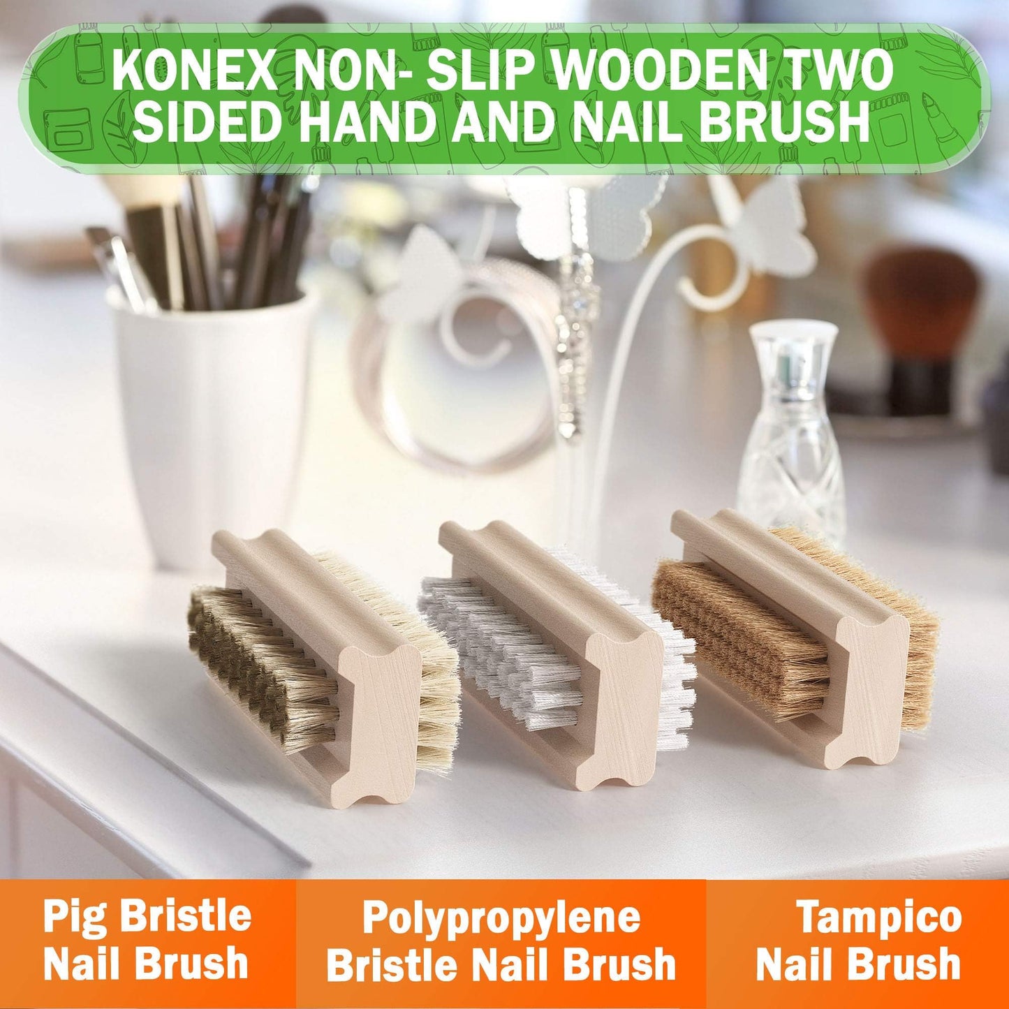 Konex portable two sided fingernail brush showcasing its compact dimensions for travel use