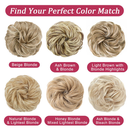 MORICA messy chignon extension showing the natural color blending capability on a mannequin head.