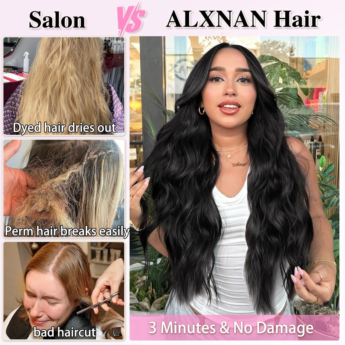 Premium heat resistant synthetic fiber texture close up for long wavy hair styling.