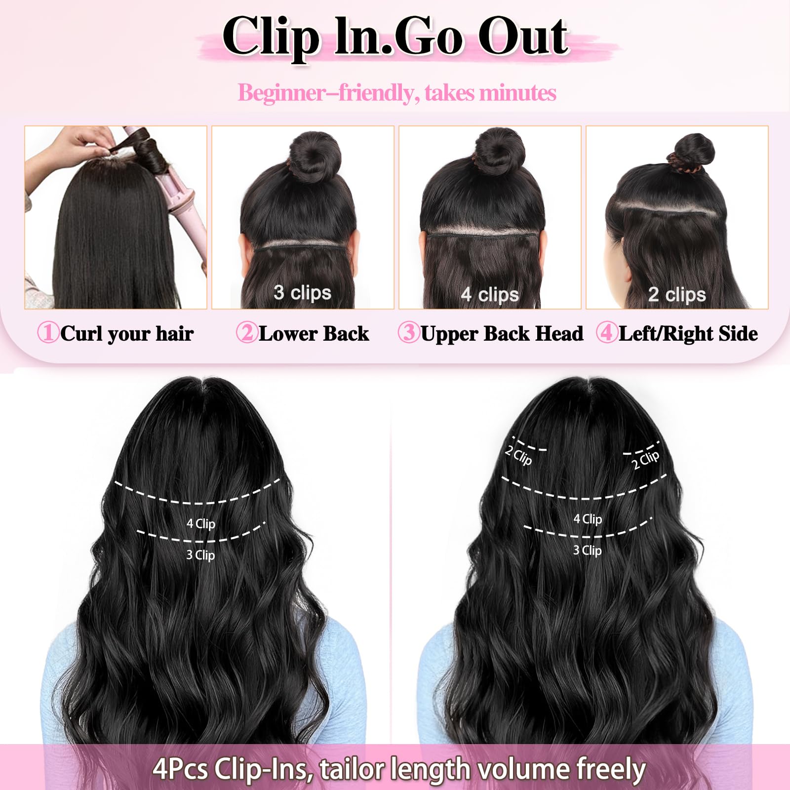 Model showing before and after volume transformation using ALXNAN black hair extensions.