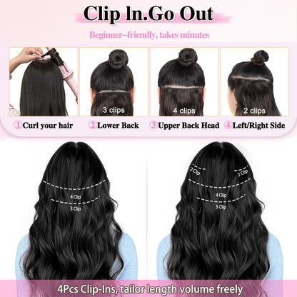 Model showing before and after volume transformation using ALXNAN black hair extensions.