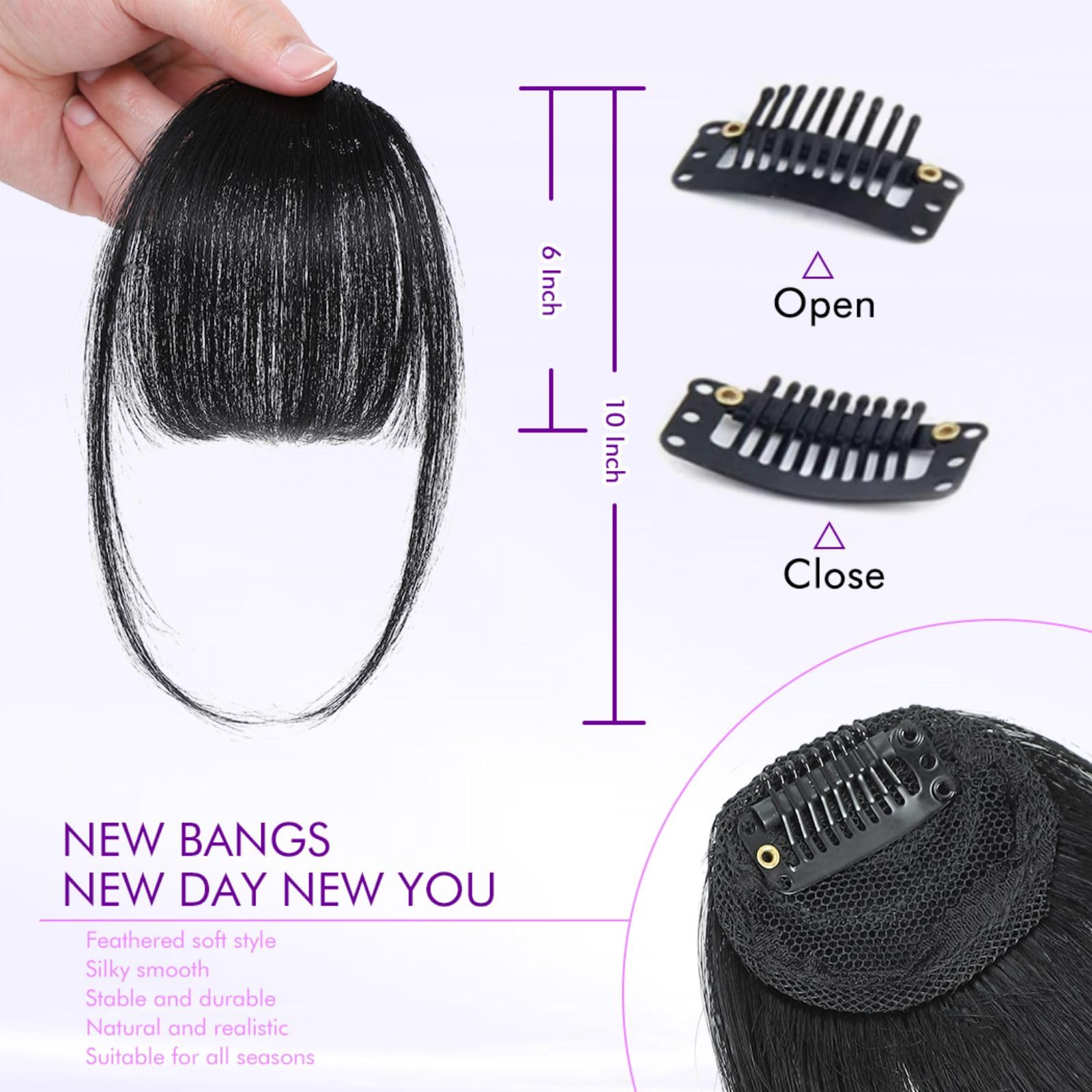 Wispy fake bangs with side temples close up details