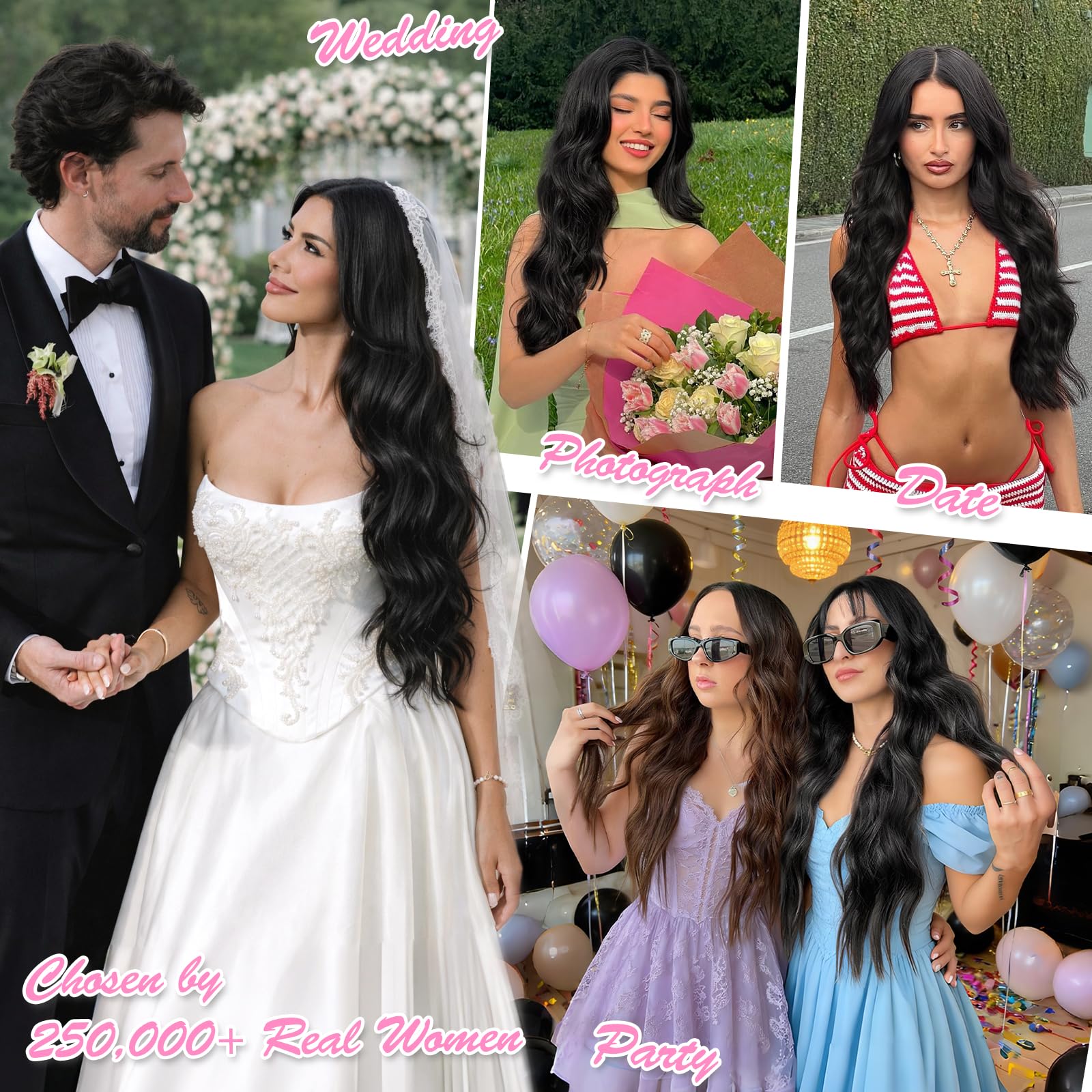 Side view of 24 inch long wavy synthetic extensions blended with natural dark hair.