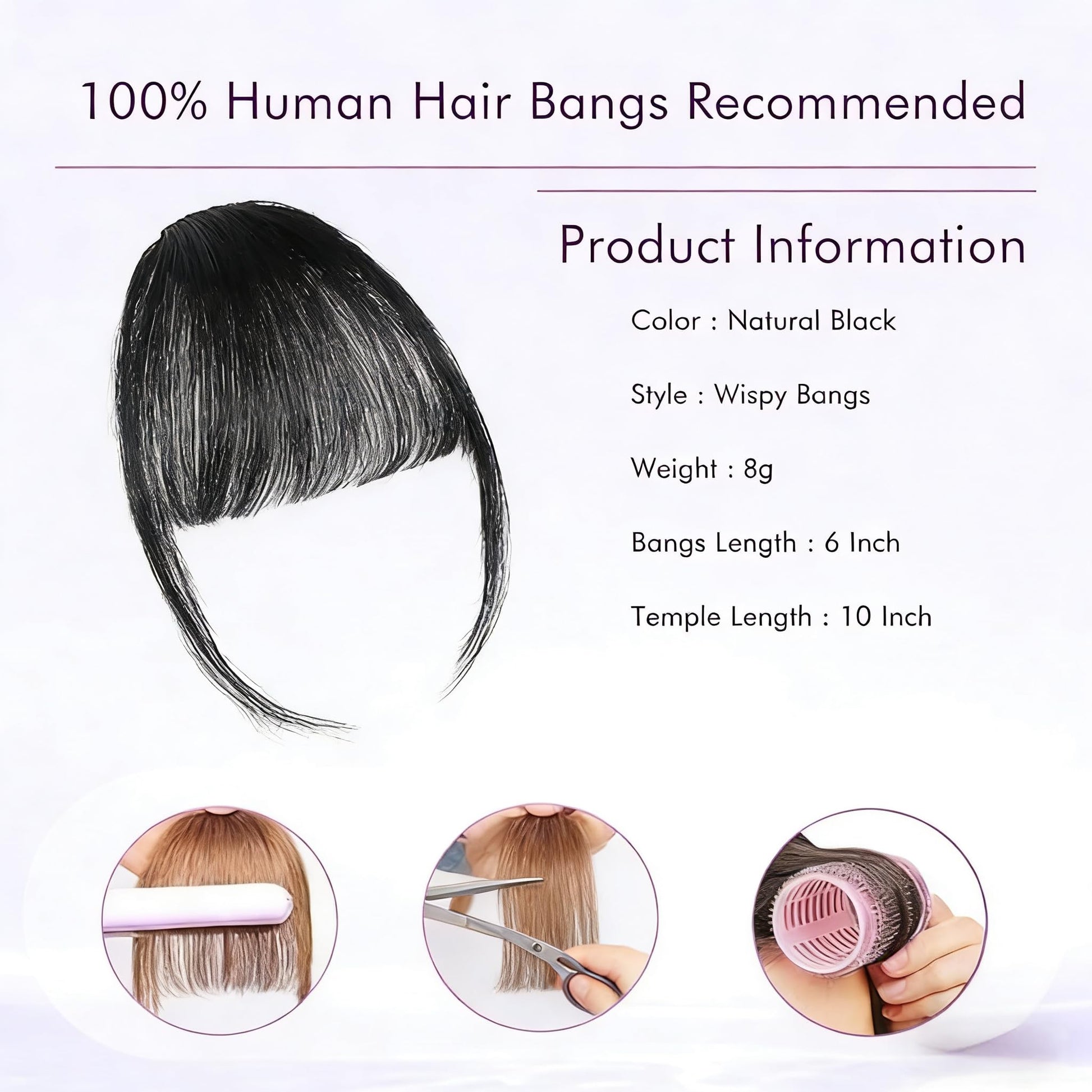 Lightweight faux air bangs applied on model side profile view