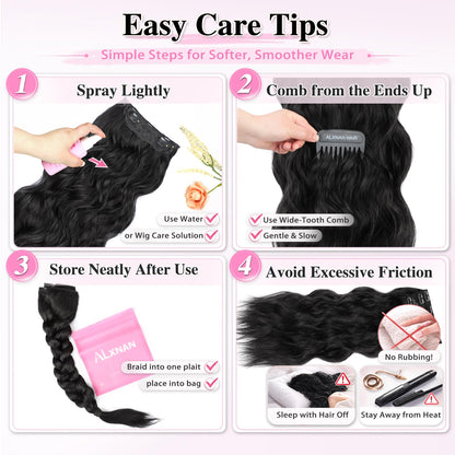 Packaging contents of the authentic USA imported ALXNAN hair extension set for women.