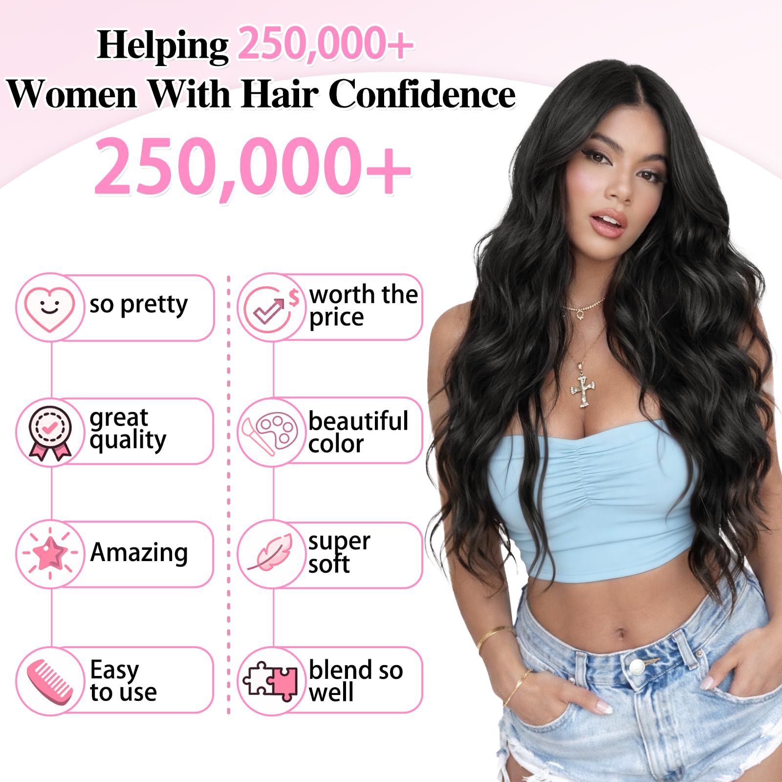 Demonstration of heat styling the premium black wavy hair fiber safely at home.