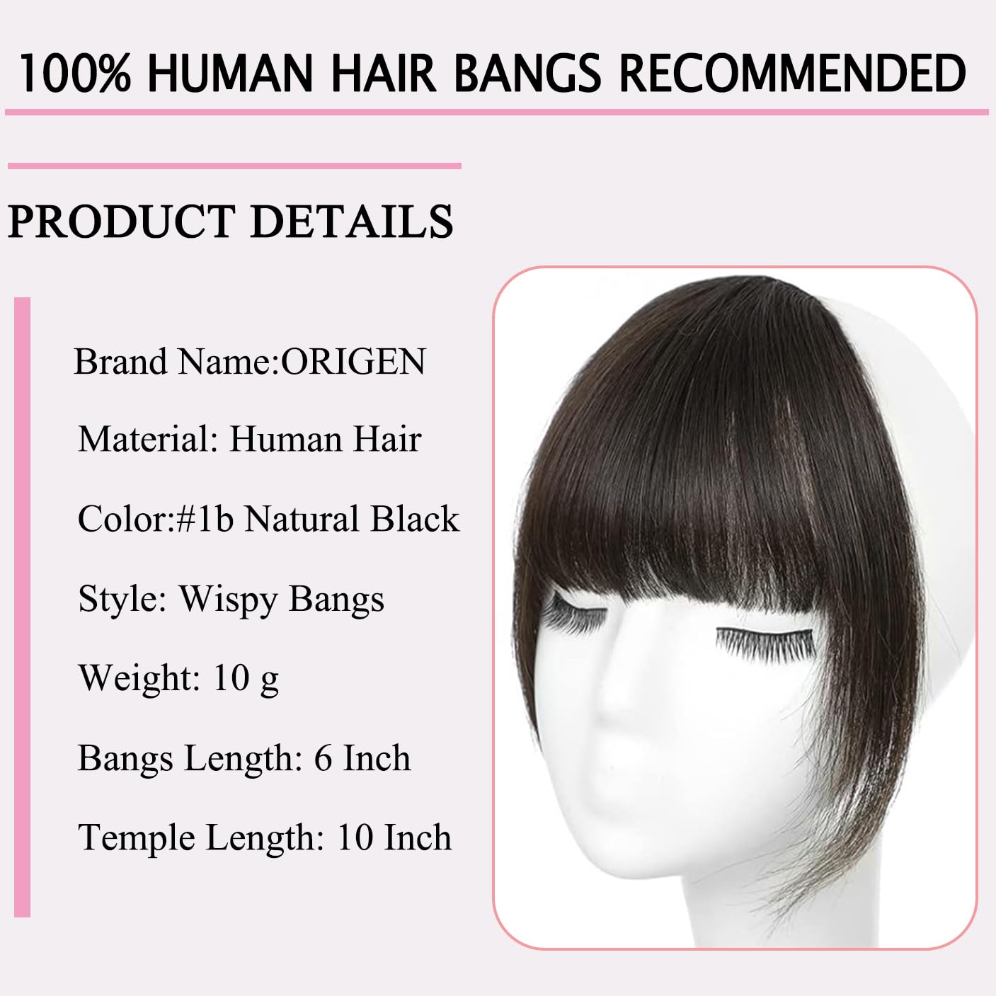 Close up view of the back of the real hair clip on bangs showing the secure pressure sensitive attachment clip.
