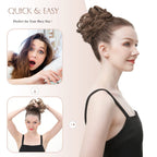 Side angle view of the voluminous FESHFEN 1.94 ounce messy hairpiece updo.