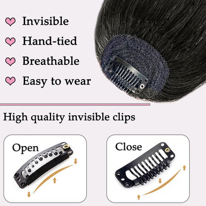 Prime ORIGEN hairpiece displayed flat to show the wispy front fringe and longer side temples for face framing.