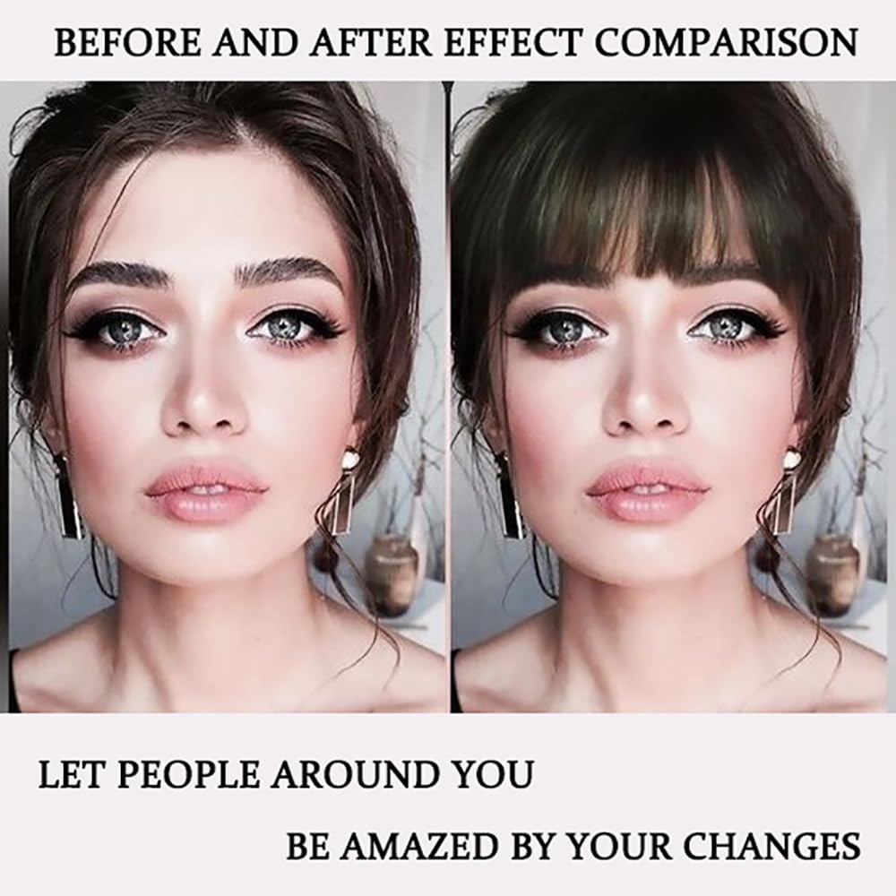 Model illustrating before and after look using real human hair fake front bangs for instant volume.