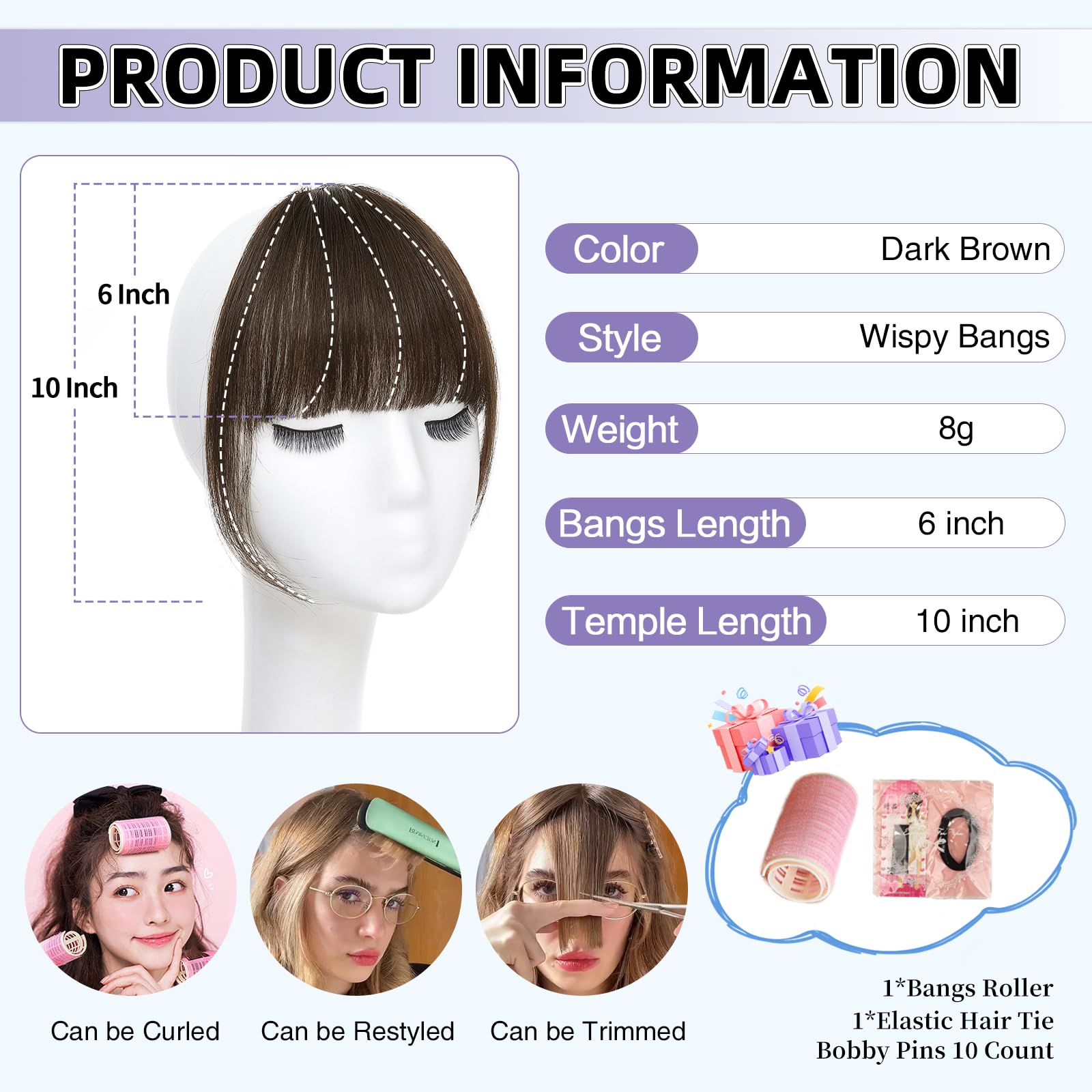 Close up of the secure clip on mechanism on the underside of the dark brown fake bangs.