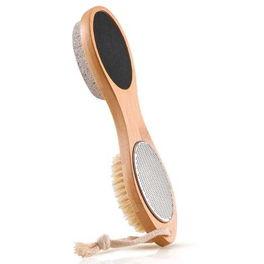 Side profile of RDRKR 4-in-1 pedicure tool showing ergonomic bamboo handle