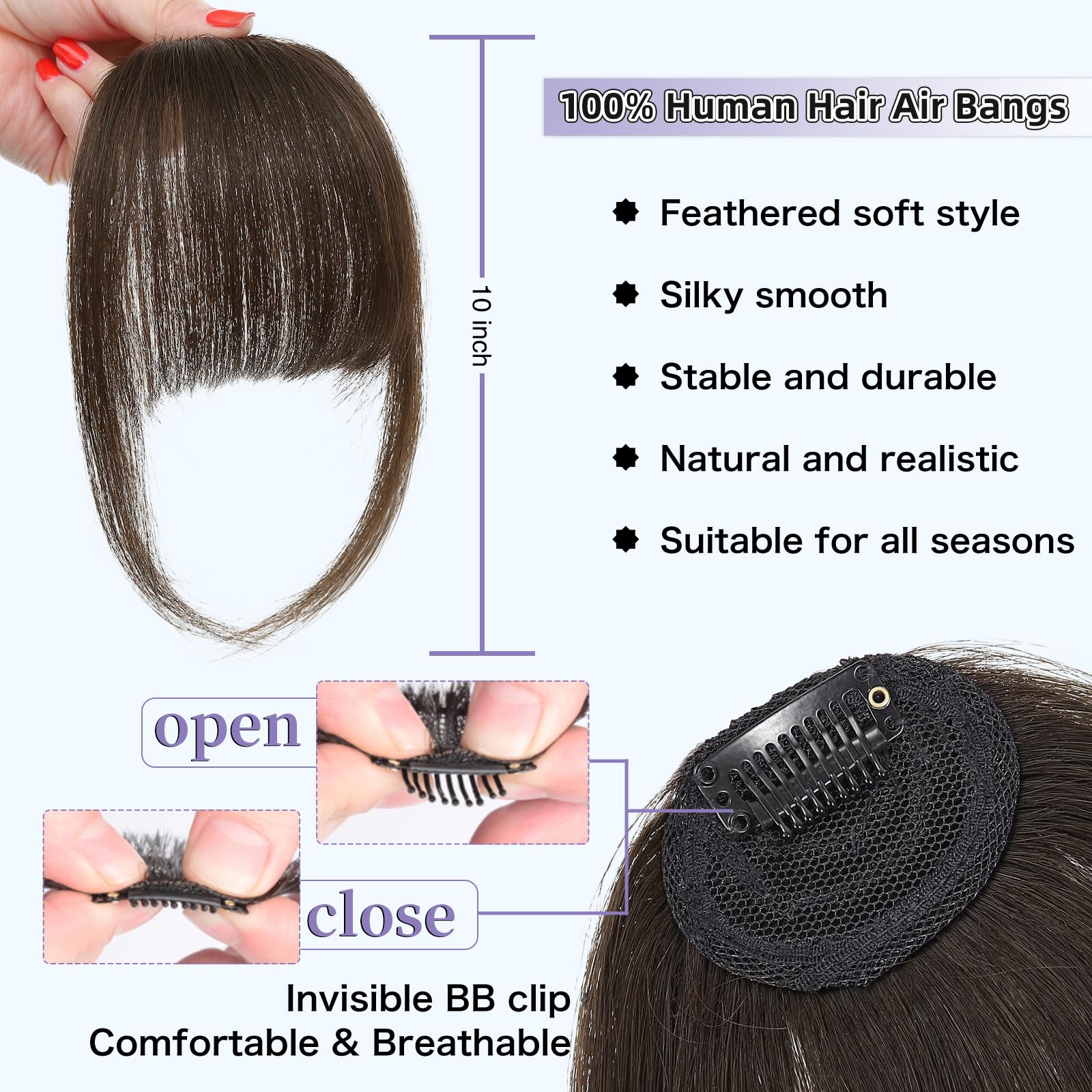 Niceone Hair layered fake bangs demonstrating the 10 inch face framing side temples.