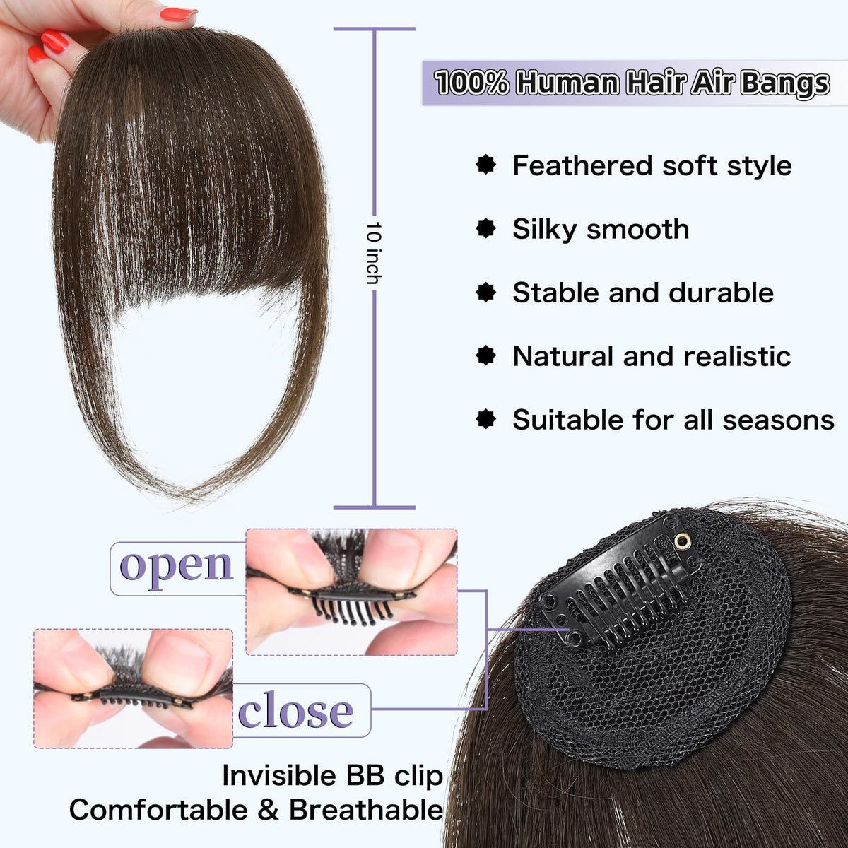 Niceone Hair layered fake bangs demonstrating the 10 inch face framing side temples.