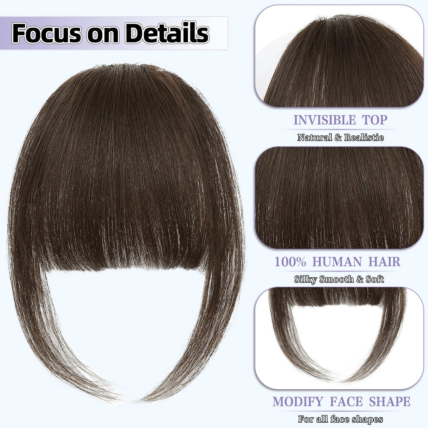 Side view illustration of the seamless blend between the feathered fringe and natural hair.