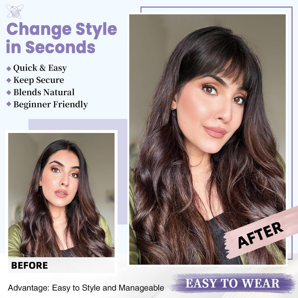 Packaging contents of the dark brown wispy bangs hairpiece highlighting the modern style.